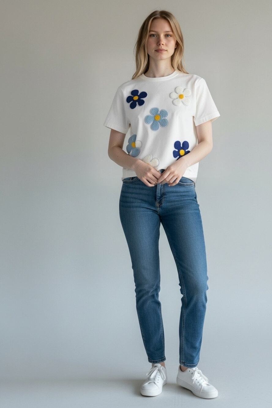 SHEIN Girls 10Y White T-Shirt 3D Chenille Flower Daisy Applique Blue Floral Top